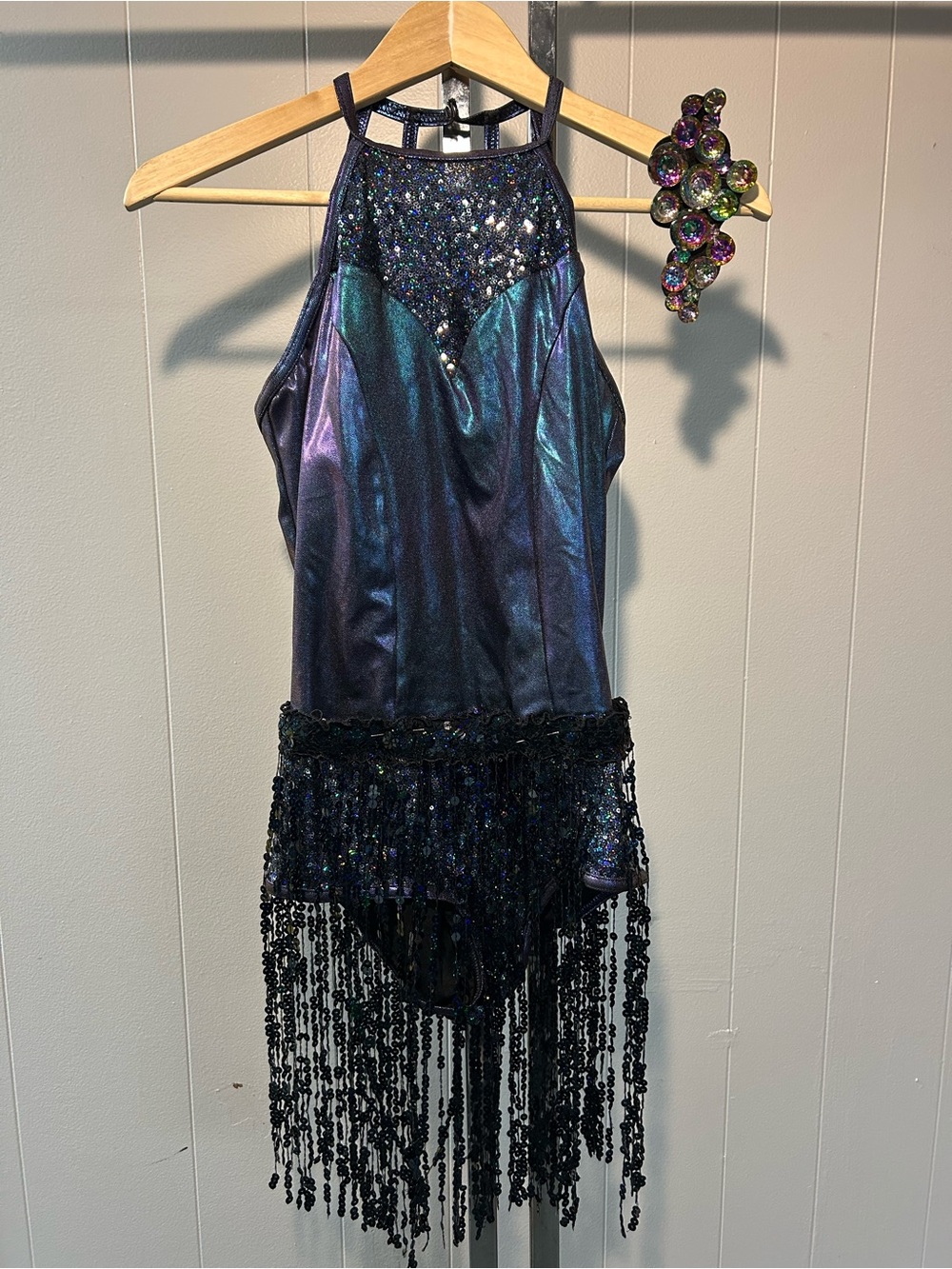 Weissman Iridescent Navy and Teal Sequin Fringe Halter Dress